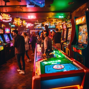 A photo of a group of people playing arcade games. (1)